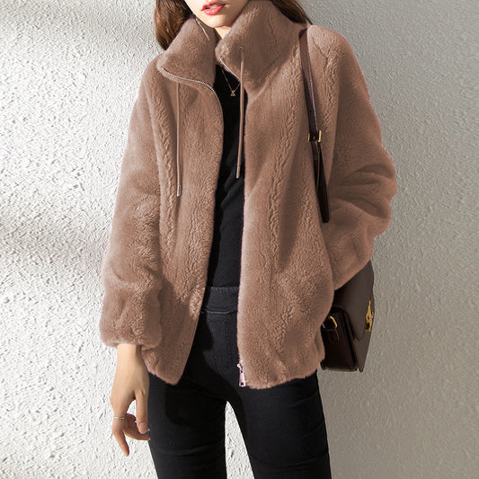 Warm Fleece Sweater Double Faced High Neck Cardigan For Women - Loose Fit
