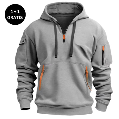 Gray casual hoodie with half zipper, black drawstrings, orange zipper details, and multiple pockets