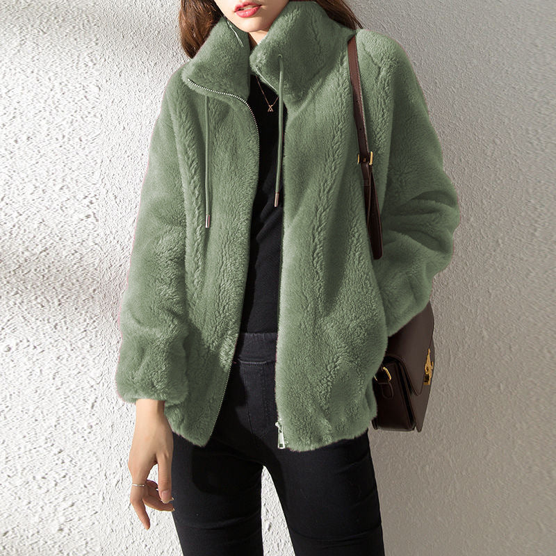 Warm Fleece Sweater Double Faced High Neck Cardigan For Women - Loose Fit