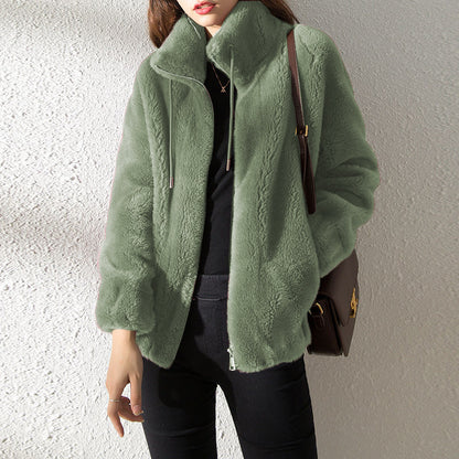 Warm Fleece Sweater Double Faced High Neck Cardigan For Women - Loose Fit
