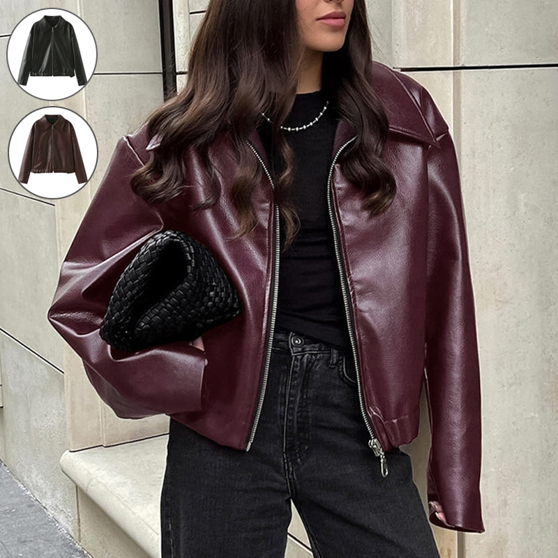 Leather Zipper Jacket | Women's Casual Lapel Coat | Burgundy & Black