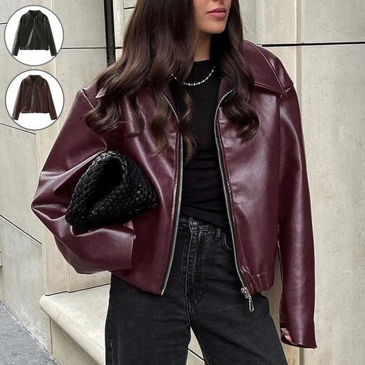 Leather Zipper Jacket | Women's Casual Lapel Coat | Burgundy & Black