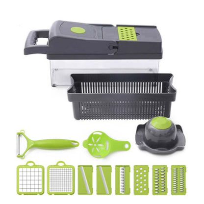 Multi-function vegetable chopper and slicer set with various green blades, peeler, and basket