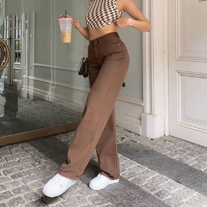 Brown Jeans | Retro Denim Pants | High Waist Straight Leg Trousers