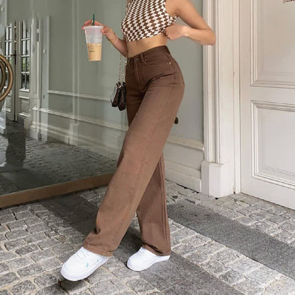 Brown Jeans | Retro Denim Pants | High Waist Straight Leg Trousers