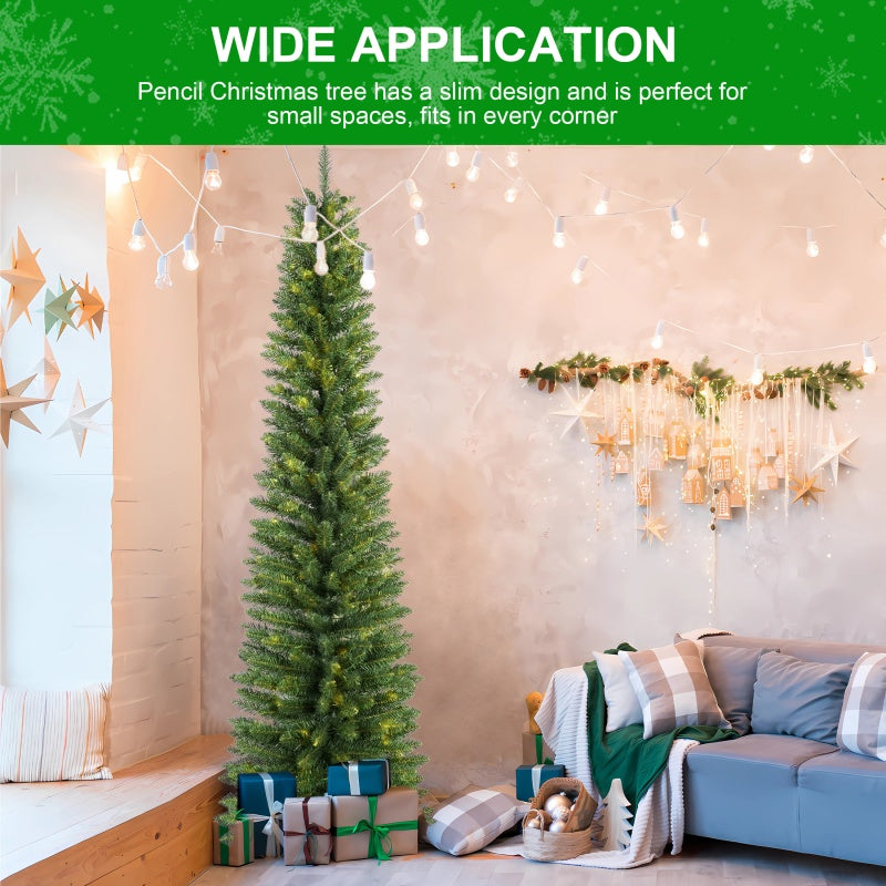 Slim pencil Christmas tree in cozy living room with gift boxes, festive lights, and holiday decor