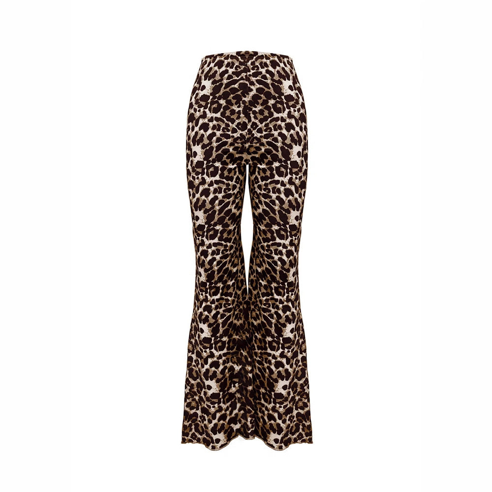 Leopard Print Flared Pants | Knitted Stretch High Waist Bell Bottoms