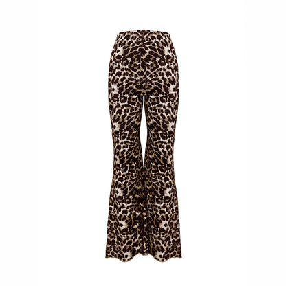 Leopard Print Flared Pants | Knitted Stretch High Waist Bell Bottoms