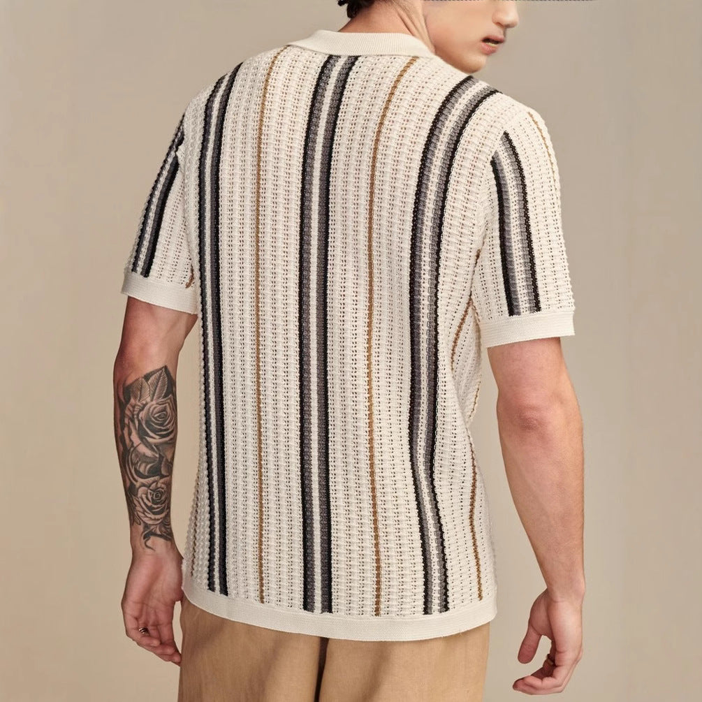Men's Polo Cardigan - Casual Striped Knitted Short Sleeve British Style Top