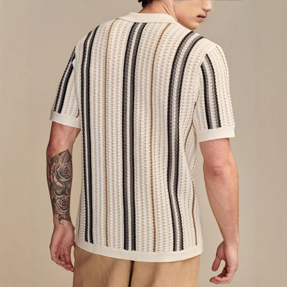 Men's Polo Cardigan - Casual Striped Knitted Short Sleeve British Style Top