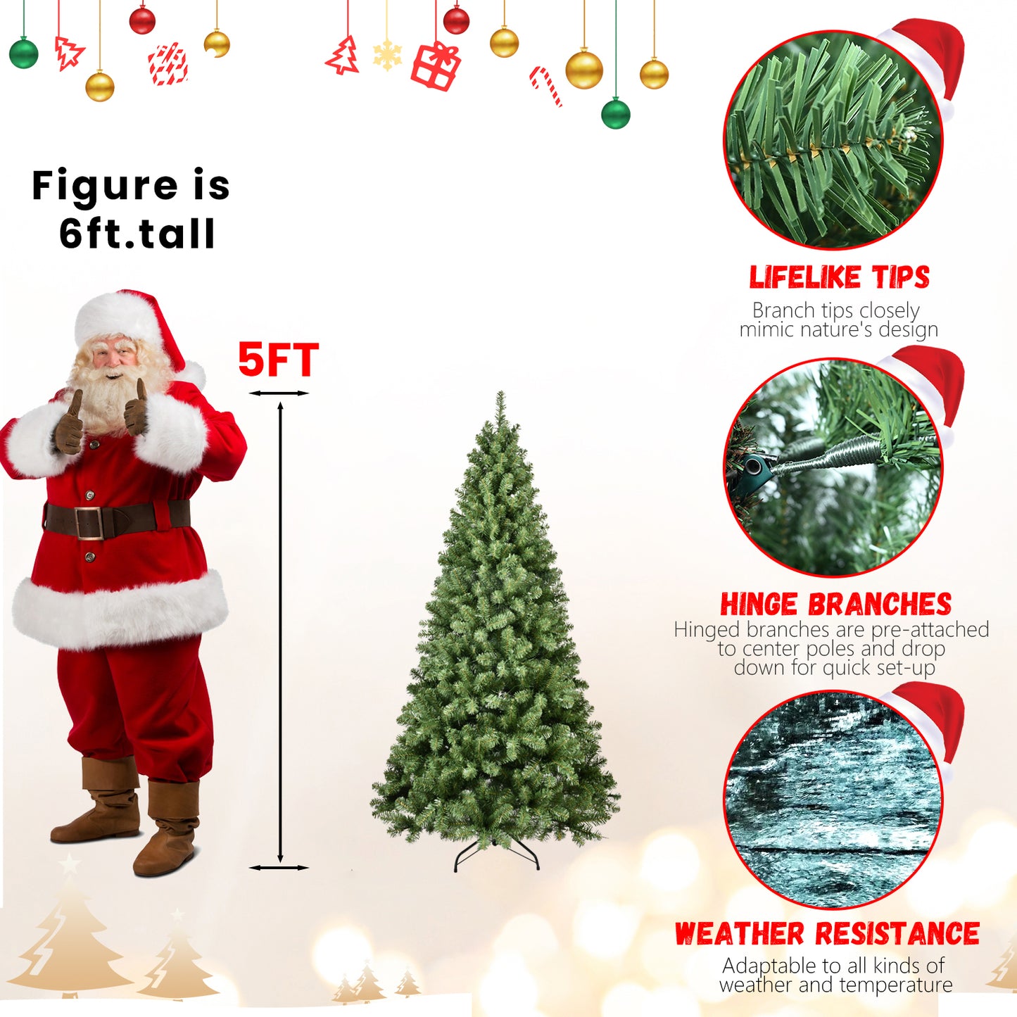 6ft artificial Christmas tree with lifelike tips, hinged branches, and weather resistance next to Santa figure