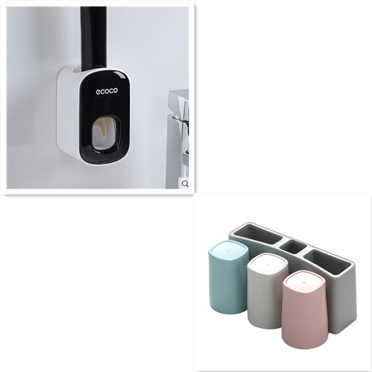 Wall-mounted black and white Ecoco toilet brush and pastel blue, gray, pink toothbrush holder set