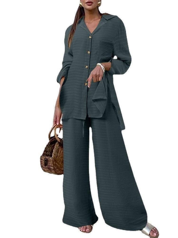 Women Casual Pants Suit - 2 Piece Nylon Fabric Set With Stylish Pocket Design