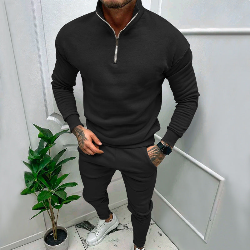 Men's Fleece Suit - Casual Solid Color Top & Trousers Set | Cotton Blend Winter Wear