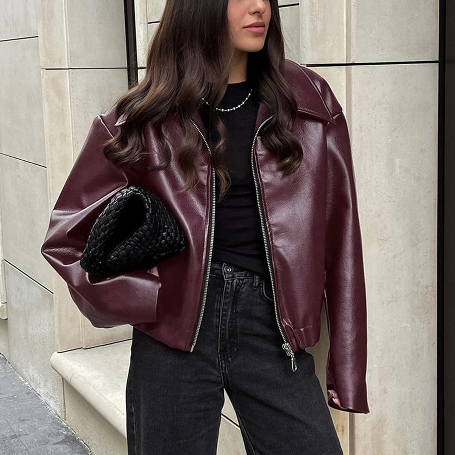 Leather Zipper Jacket | Women's Casual Lapel Coat | Burgundy & Black