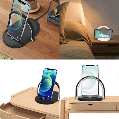Modern wireless charger stand holding smartphone on wooden tables and nightstand in home settings
