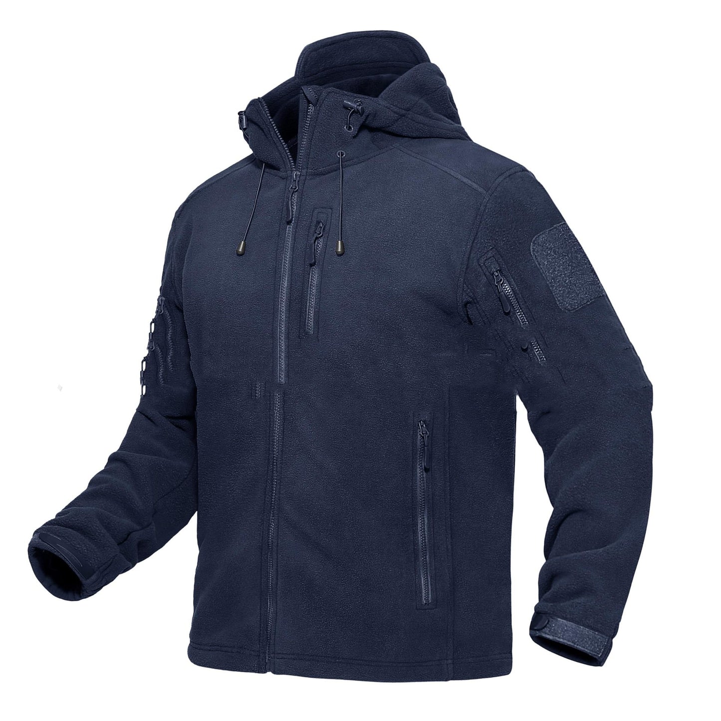 Navy blue tactical fleece jacket with multiple zippered pockets and hood