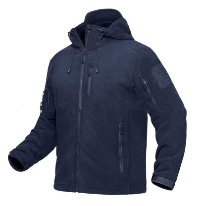 Navy blue tactical fleece jacket with multiple zippered pockets and hood