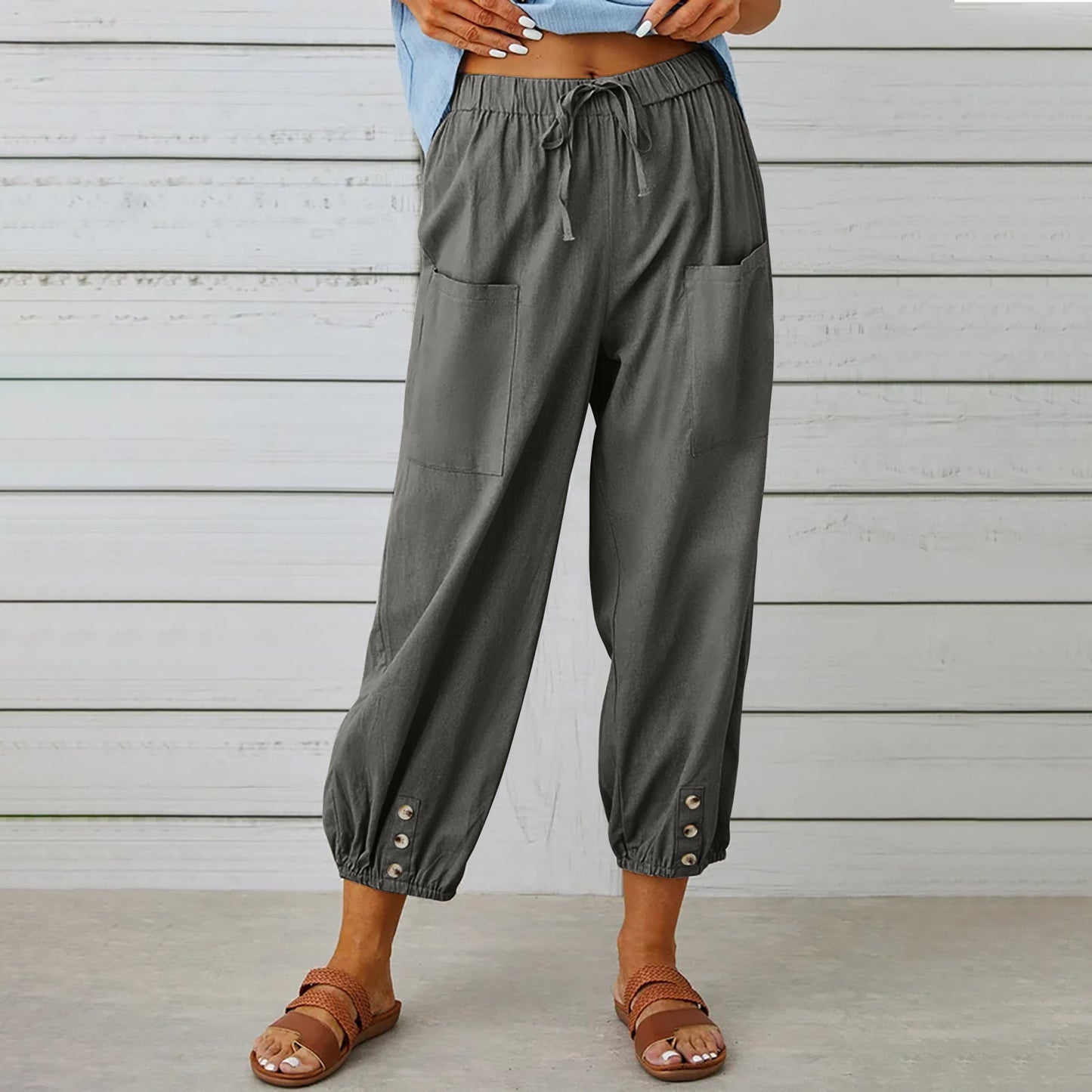 Cotton Linen Pants - Women's Drawstring Waist Trousers With Pockets & Buttons