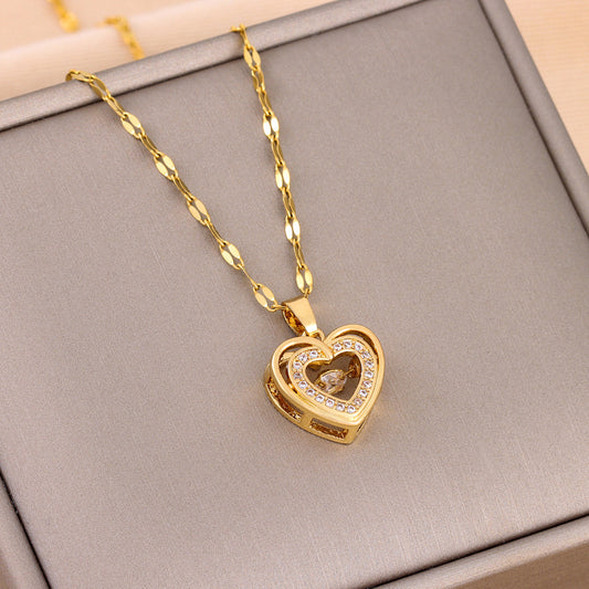 Love Necklace Double Layer With Rhinestone Pendant | Titanium Steel Fashion Jewelry