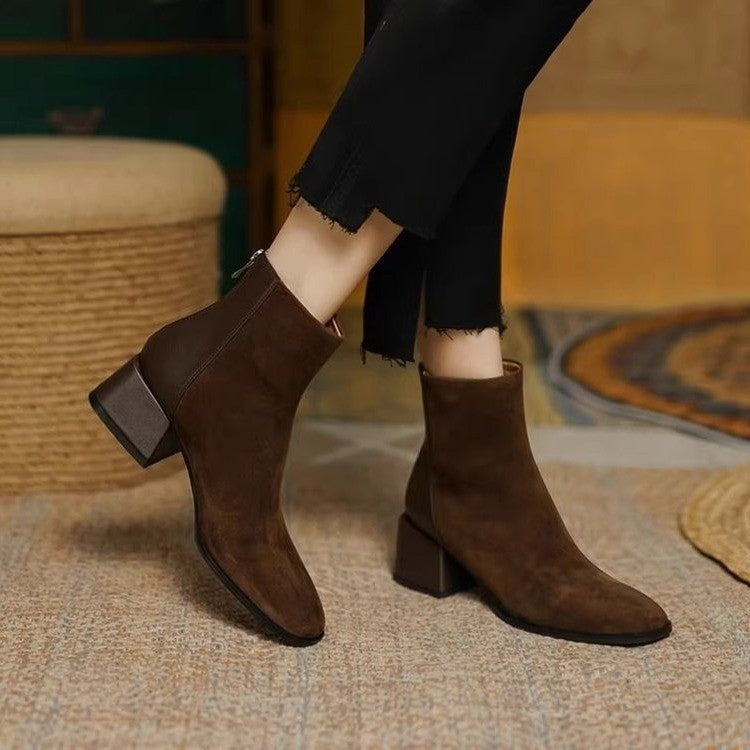 Women Suede Boots | Mid Heel Block Heel Shoes | Retro Low Top Martin Boots