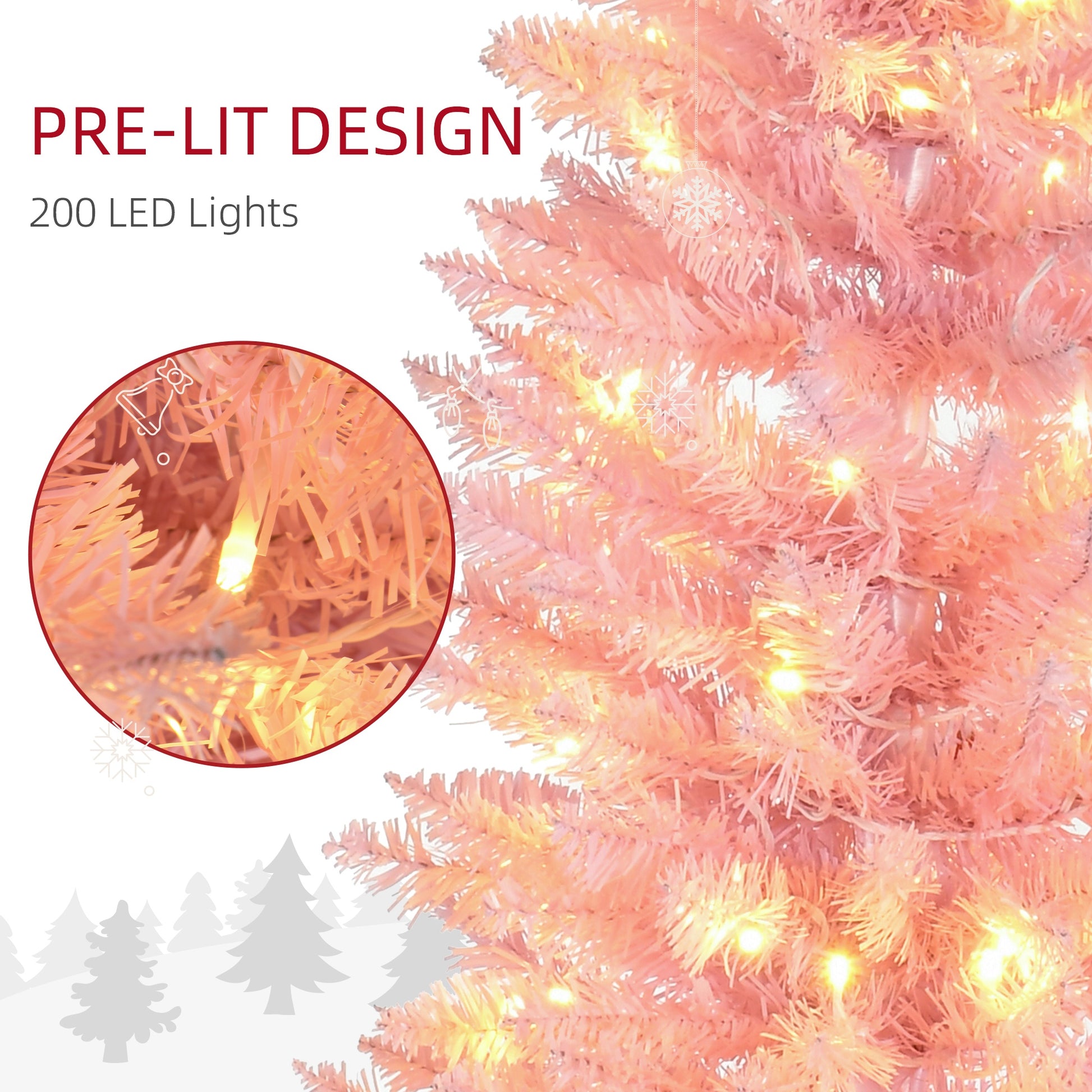 Close-up of pink artificial Christmas tree with pre-lit 200 warm white LED lights