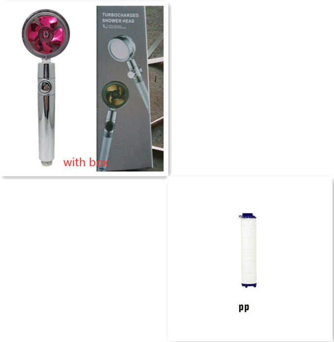 Turbocharged shower head with pink fan blade and packaging box, alongside white PP filter cartridge