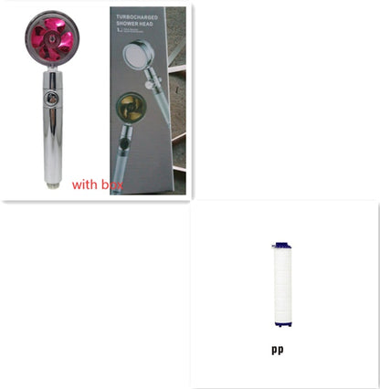 Turbocharged shower head with pink fan blade and packaging box, alongside white PP filter cartridge