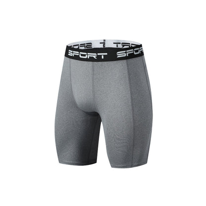 Gray men's compression sport shorts with black waistband labeled SPORT