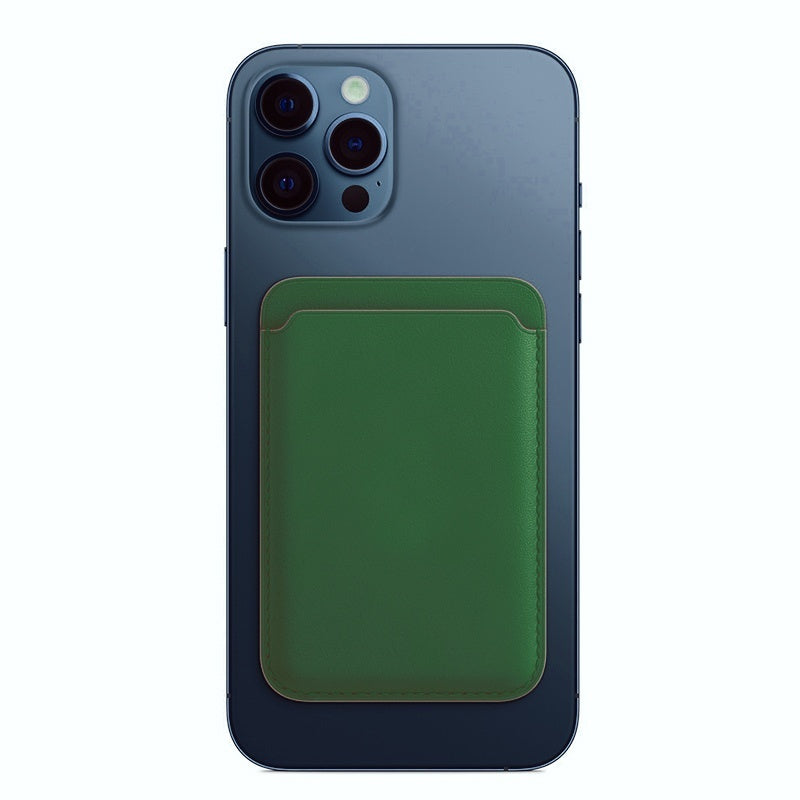 Blue smartphone with triple camera lenses and attached green leather wallet case