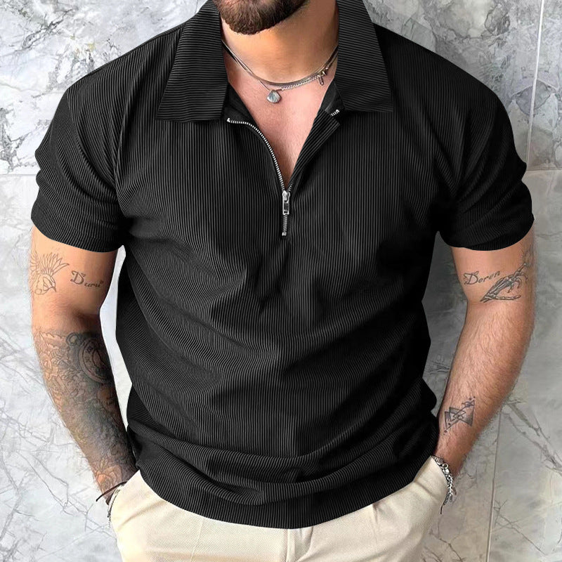 Men's Zipper Polo Shirt - Short Sleeve Solid Color Polyester Casual Top