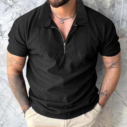 Men's Zipper Polo Shirt - Short Sleeve Solid Color Polyester Casual Top
