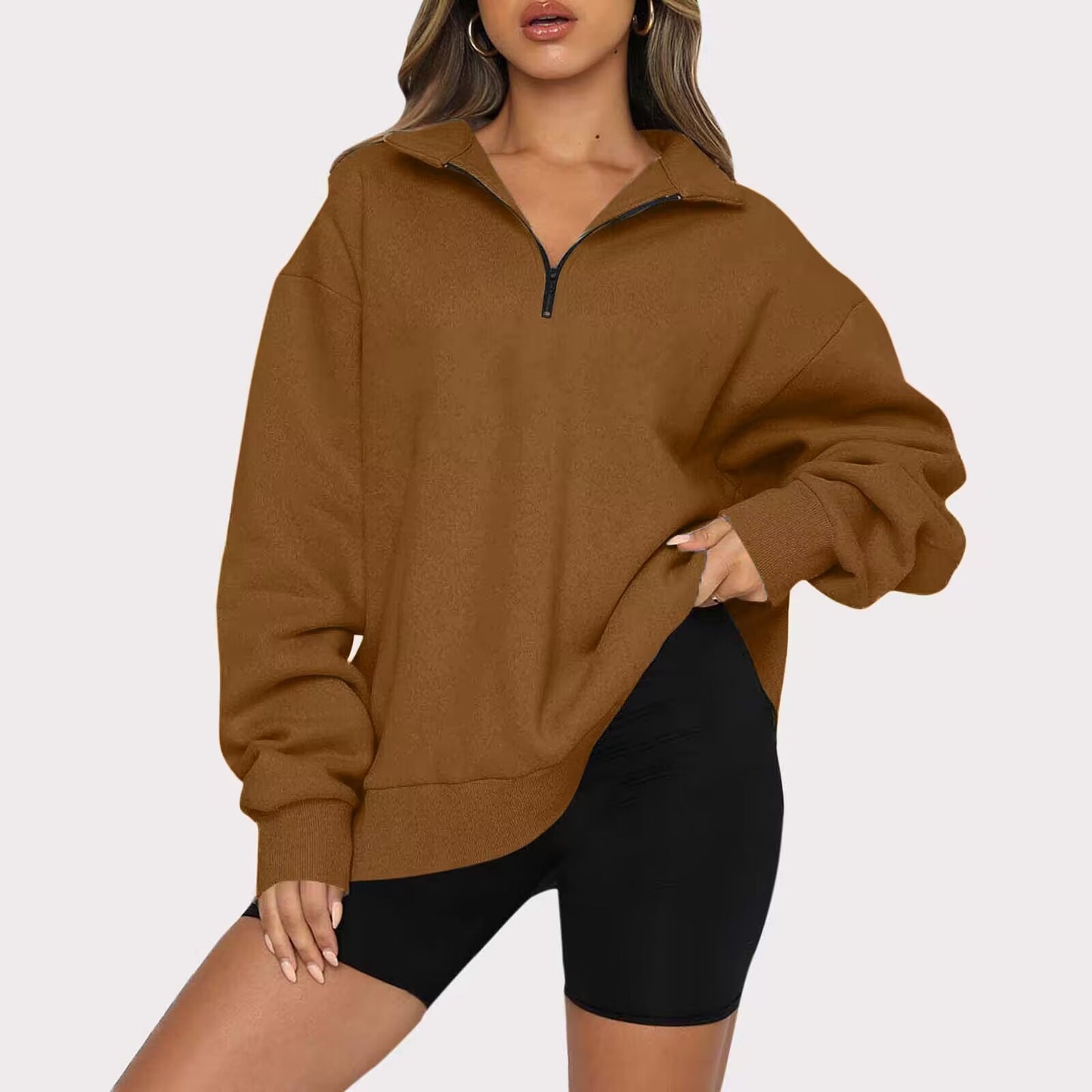 Women Zip Sweatshirt - Loose Pullover With Turndown Collar | Casual Tops