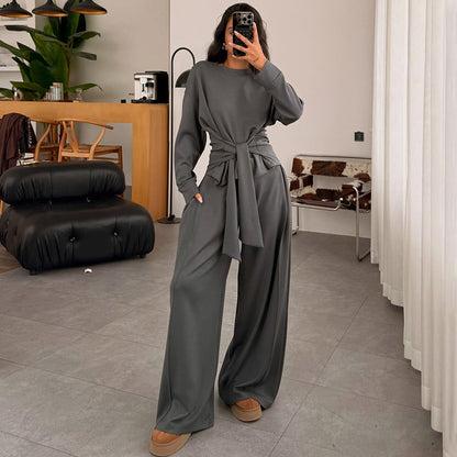 Waist-Tied Ribbon Pants Casual Suit - Comfortable Polyester Lounge Wear