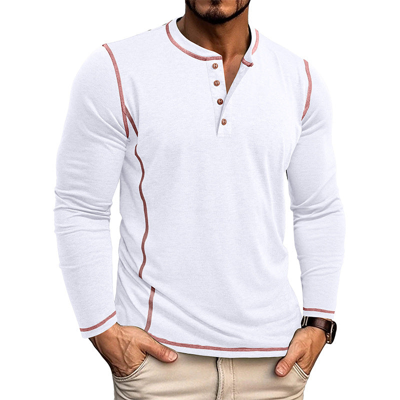 Men's white long sleeve henley shirt with brown contrast stitching and button placket