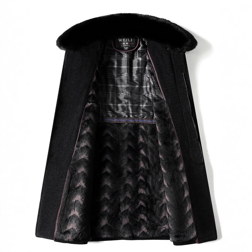 Black winter coat with fur collar and soft dark fur lining, displayed open on white background