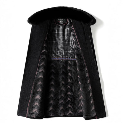 Black winter coat with fur collar and soft dark fur lining, displayed open on white background