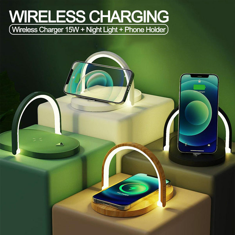 Modern wireless charger with 15W power, integrated night light and phone holder displaying phones charging