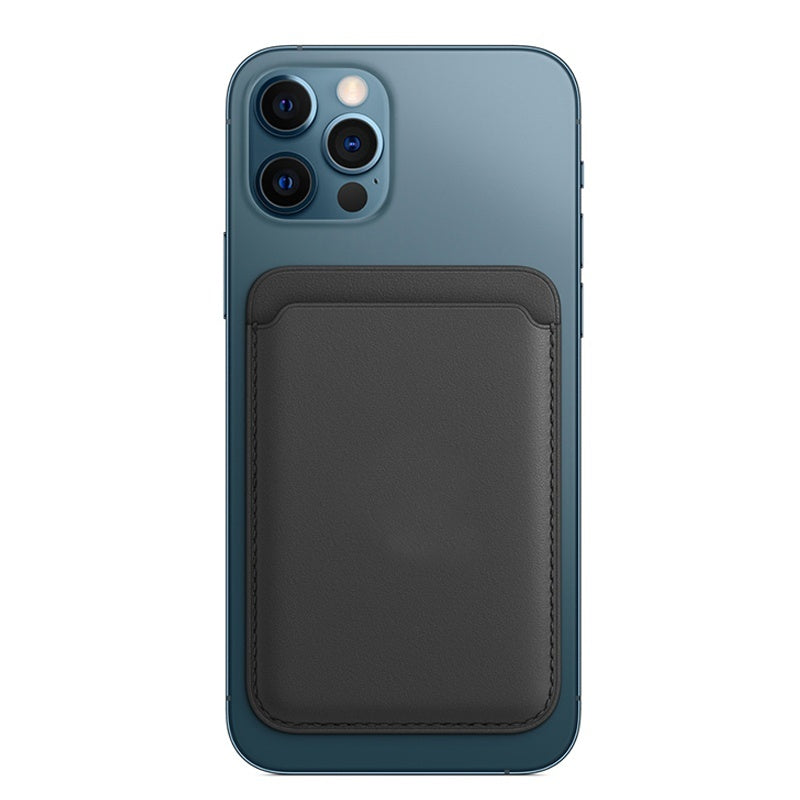 Blue smartphone with triple camera and black leather magnetic wallet attached on back