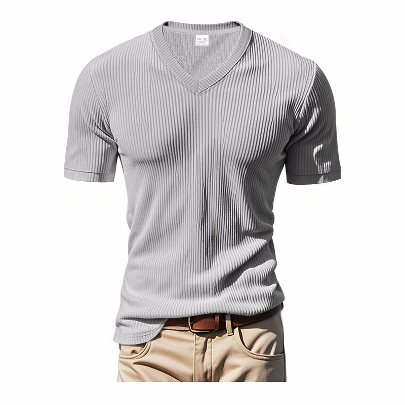 Loose Men's V-Neck Shirt - Casual Polyester Short Sleeve Pullover Tee for Summer