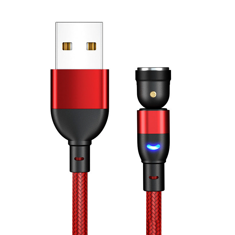 Red braided USB charging cable with magnetic connector and blue LED indicator on white background