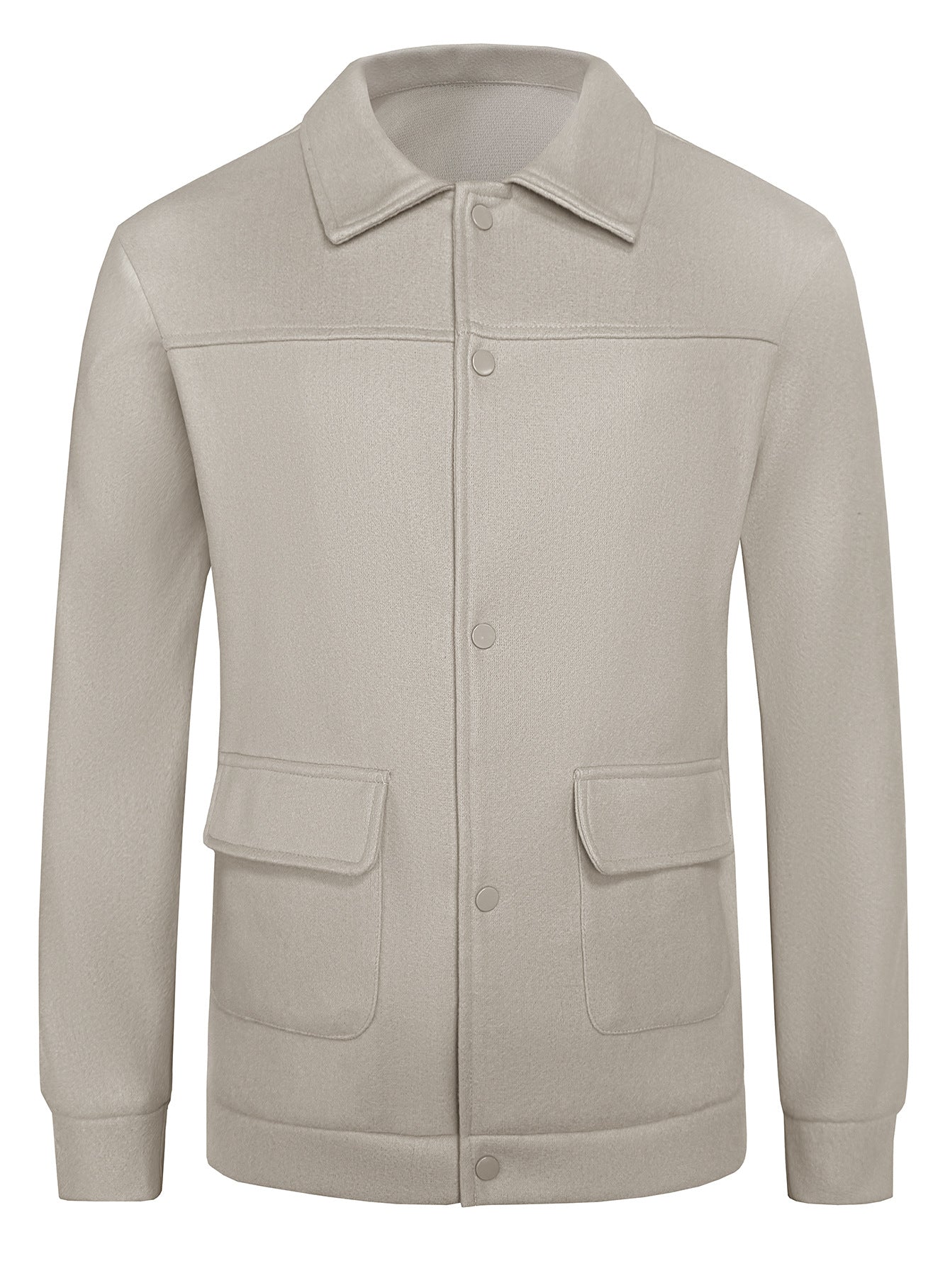Beige wool jacket with button closure and flap pockets on a white background