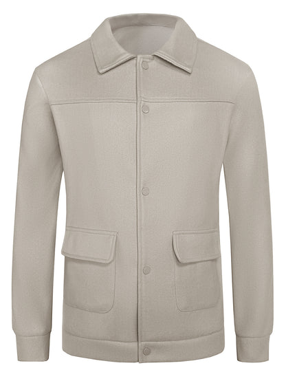 Beige wool jacket with button closure and flap pockets on a white background
