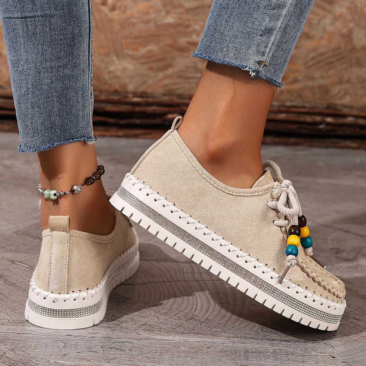 Women's Thick-Soled Flats | Retro Beige Suede Casual Shoes With Rubber Sole