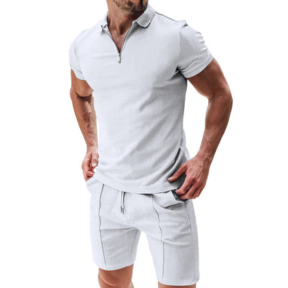 Casual Waffle Suit - Summer T-Shirt Set With Zipper Lapel Collar And Drawstring Shorts