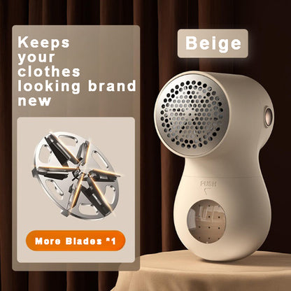 Beige fabric shaver with multiple blades keeps clothes looking brand new on brown background