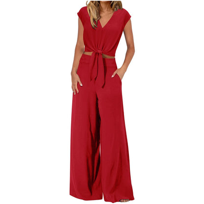 Women's 2-Piece Set | Sleeveless Crop Top & Polyester Pants | Trendy Pocket Detail