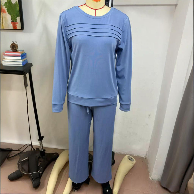 Women's Solid Color 2-Piece Set, Crew Neck Long Sleeve Ruffle Design Top With Tie-Waist Wide Leg Pants For Spring And Fall