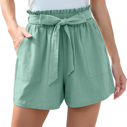 Ruffle Waist Tie Shorts - High Waist Summer Beach Pants With Pockets