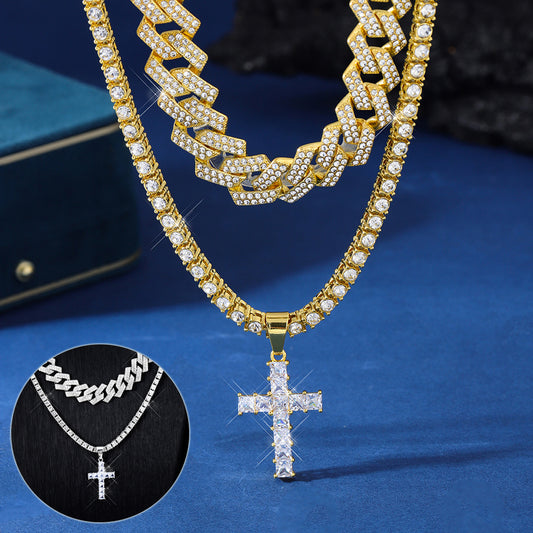 Cross Pendant Necklace | Cuban Link Chain Iced Out Rhinestone Jewelry For Men & Women